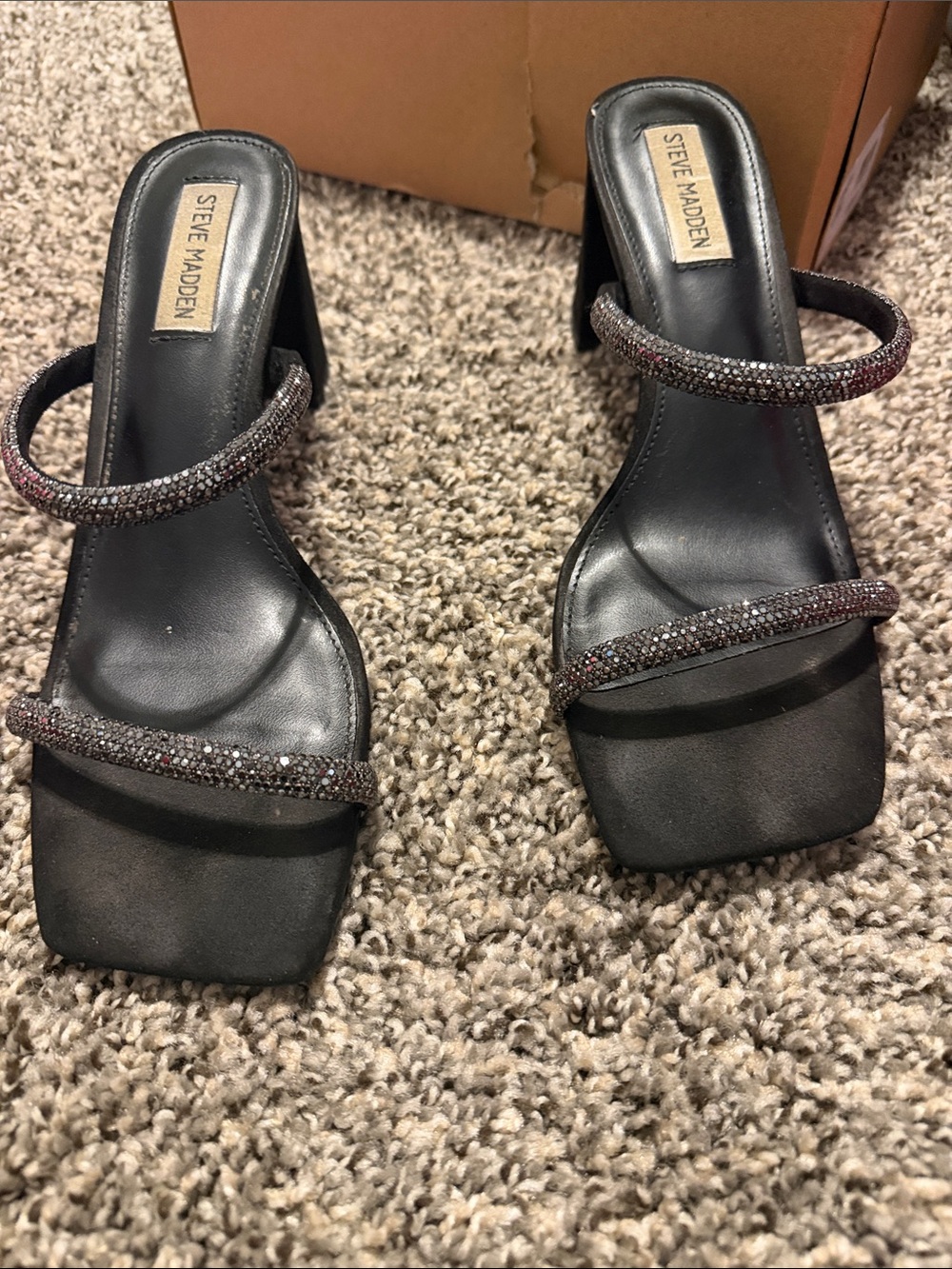 Steve Madden Black Beaded Double-Strap Heels